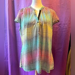 Worthington Green and Pink Cap Sleeve Blouse with Mandarin Collar